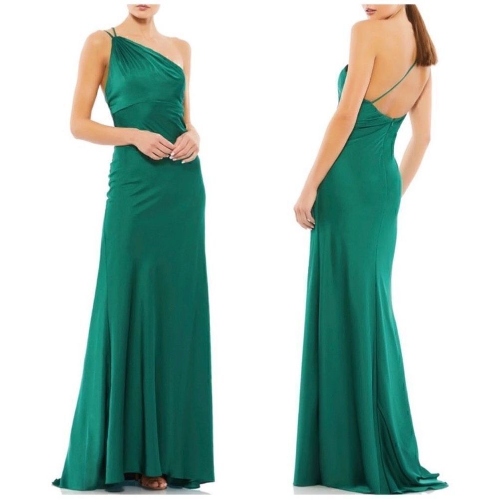 NWOT‎ Ieena For MacDuggal One Shoulder Double Strap Satin Gown Emerald Green 4